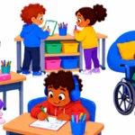 Illustration of an inclusive grade 2 classroom with cushions, a standing counter and a wheelchair accessible table