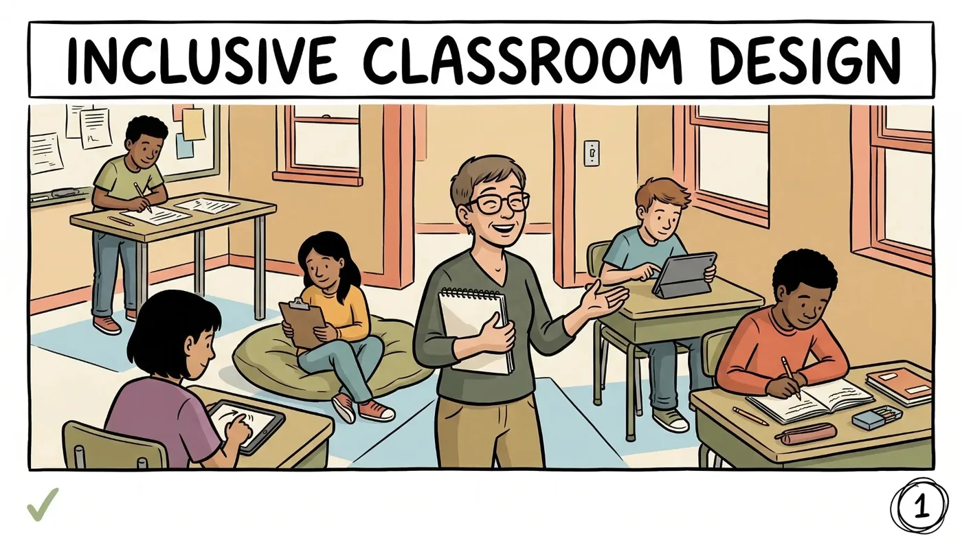 Inclusive Classroom Design comic-style guide cover showing a teacher and students in an accessible classroom