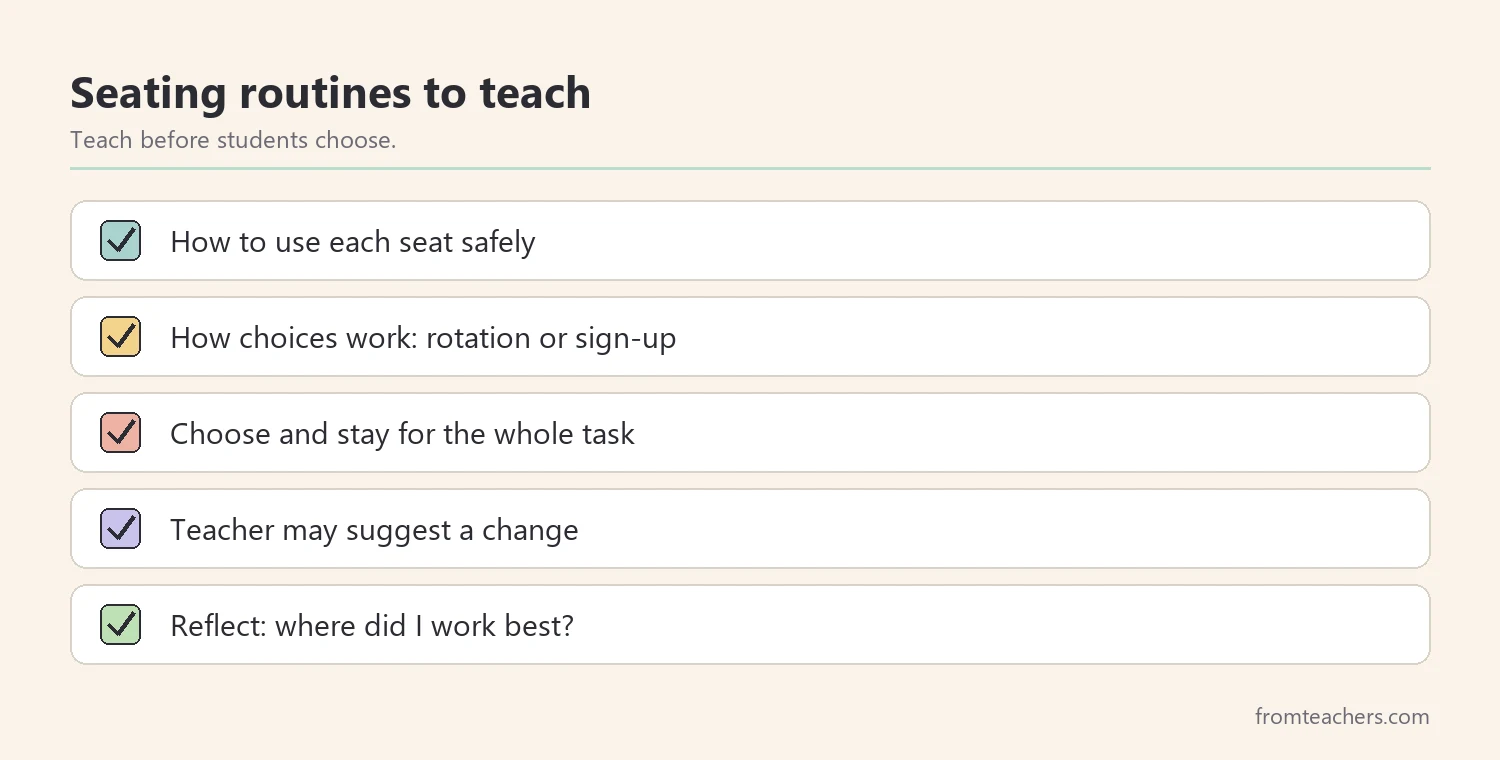 Checklist of five routines to teach for flexible seating