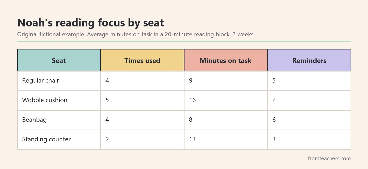 Data table of a fictional student's minutes on task and reminders for four seat types