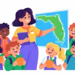 Illustration for florida facts for kids: smiling children holding paper oranges and a toy rocket in front of a Florida map while their teacher points to the coast