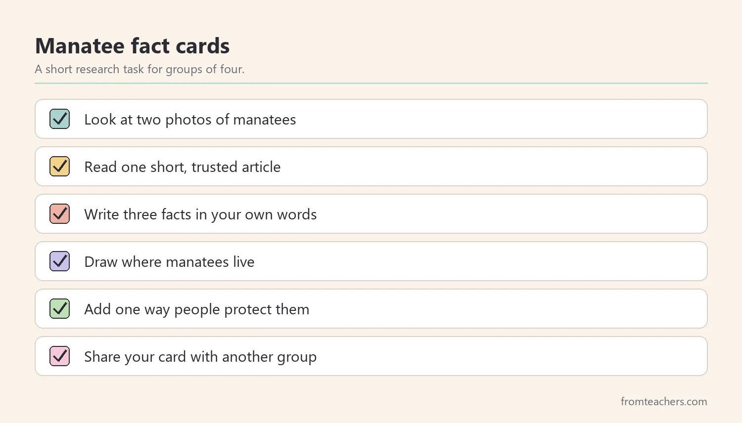 Checklist for a hands-on manatee research card activity