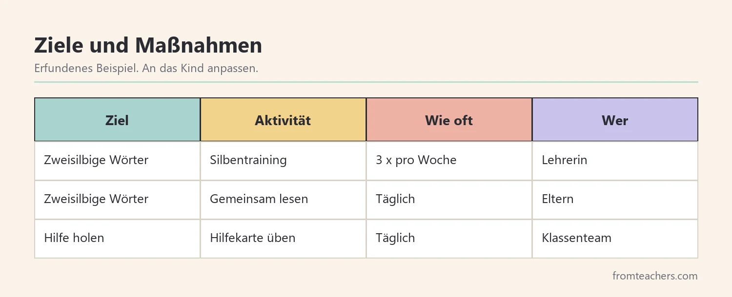 Tabelle mit Zielen, Aktivitäten, Häufigkeit und Verantwortlichen im Förderplan von Lena