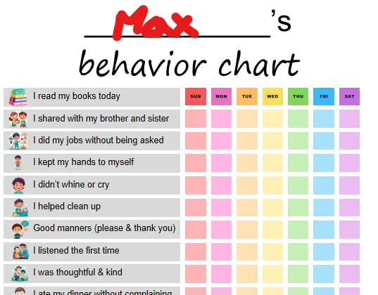 Preview of the weekly behavior chart with daily habits, things to avoid and a reward box