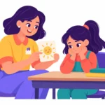Illustration for freeze response in students: a teacher sitting quietly beside a still, silent girl at a desk, offering a picture card