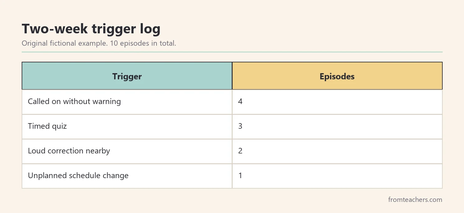 Table of a fictional two-week trigger log showing ten freeze episodes grouped by trigger