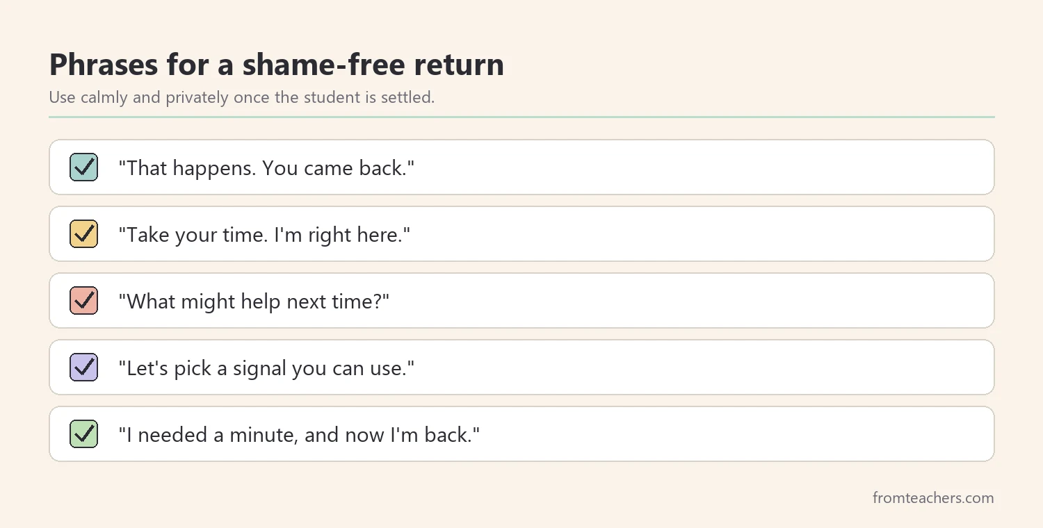 Checklist of gentle phrases to help a student return after freezing