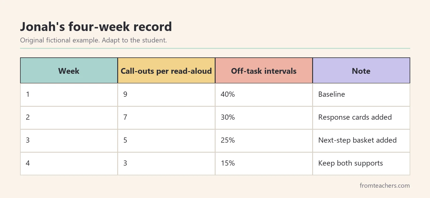 Table of fictional weekly data showing call-outs per read-aloud and percent of off-task intervals over four weeks