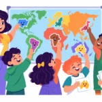 Students enjoying fun geography activities with country character cards and a world map