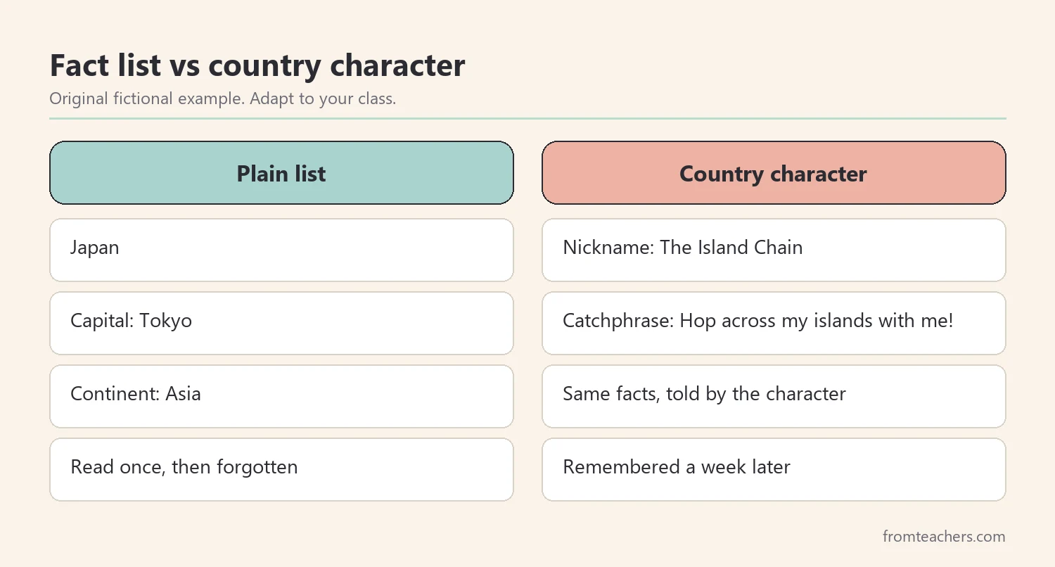 Comparison of a plain country fact list and the same country presented as a character