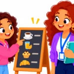 Illustration for functional reading activities: a teenage student reading a cafe menu board with a teacher beside her