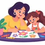 Child coloring gardening coloring pages with crayons at a kitchen table