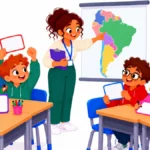 Illustration of middle school students holding up mini whiteboards during a geography quiz game