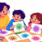 Illustration of a parent and two children at a kitchen table drawing cartoon germ characters next to a sink