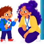 Illustration for gestalt language learners: a young boy with a toy rocket talking happily to a kneeling teacher near a classroom door