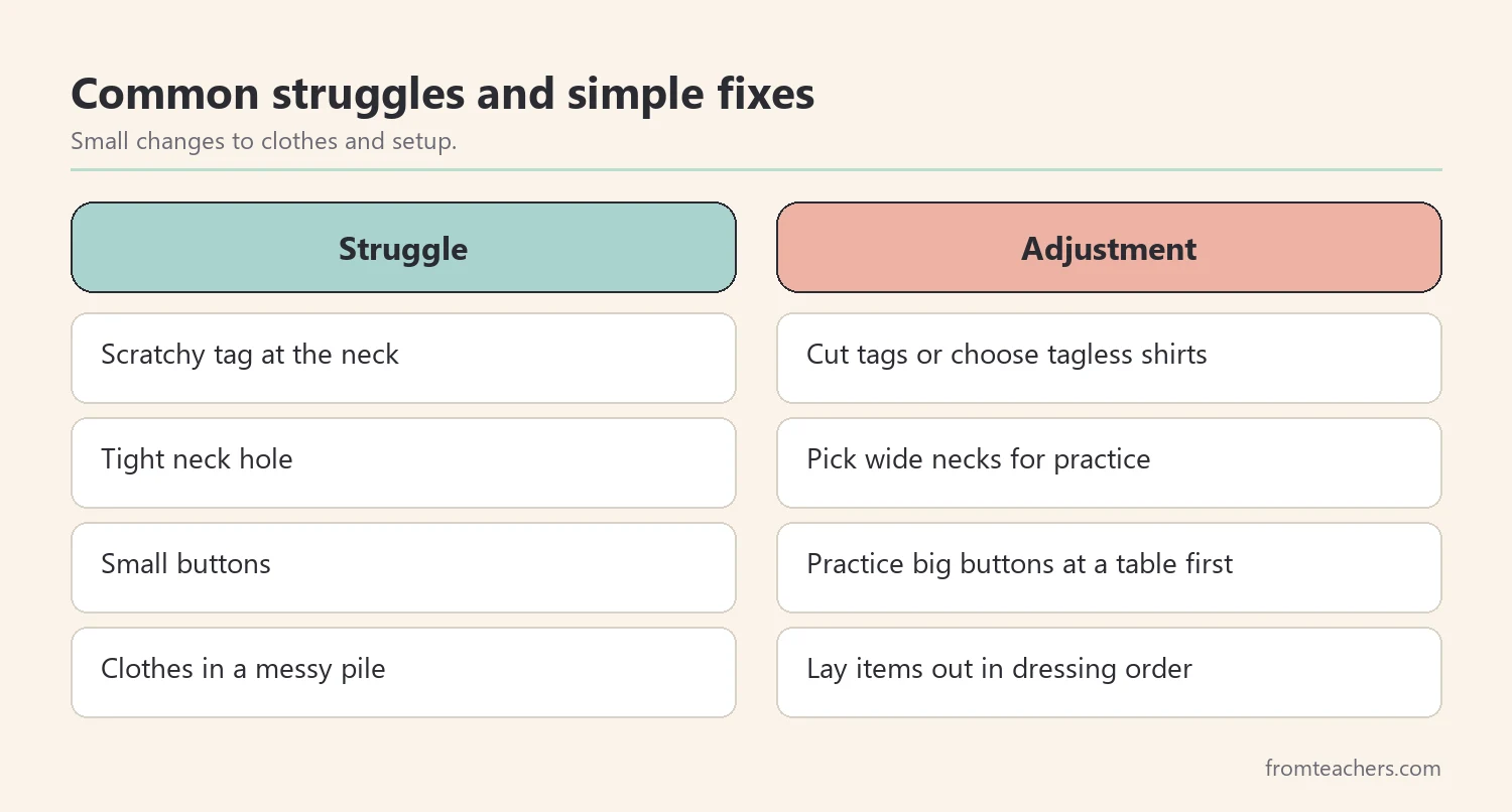 Comparison of common dressing struggles and simple adjustments that make them easier