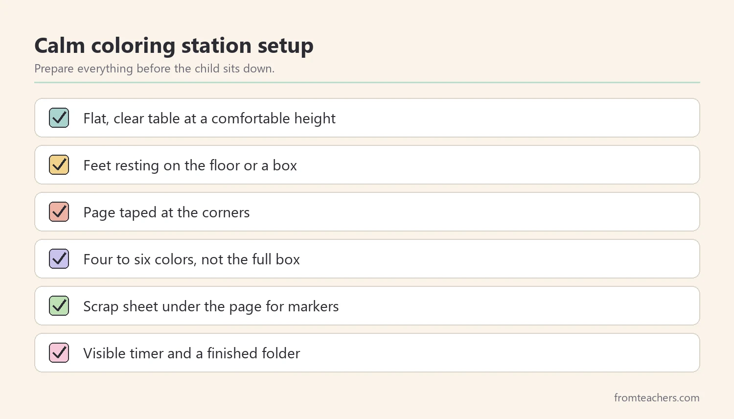 Checklist for setting up a calm coloring station with a flat table, taped paper, a short color palette, a visible timer, and a finished folder