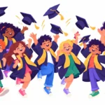 Illustration for graduation clip art for teachers: diverse smiling kids in caps and gowns tossing their caps in the air while a proud teacher claps