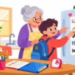 Illustration of a grandmother and her nine-year-old grandson checking off an afternoon schedule on the fridge