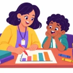 Teacher graphing IEP data on a monthly bar graph sheet with colored pencils