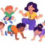 Gross motor games with children doing animal walks across a gym floor
