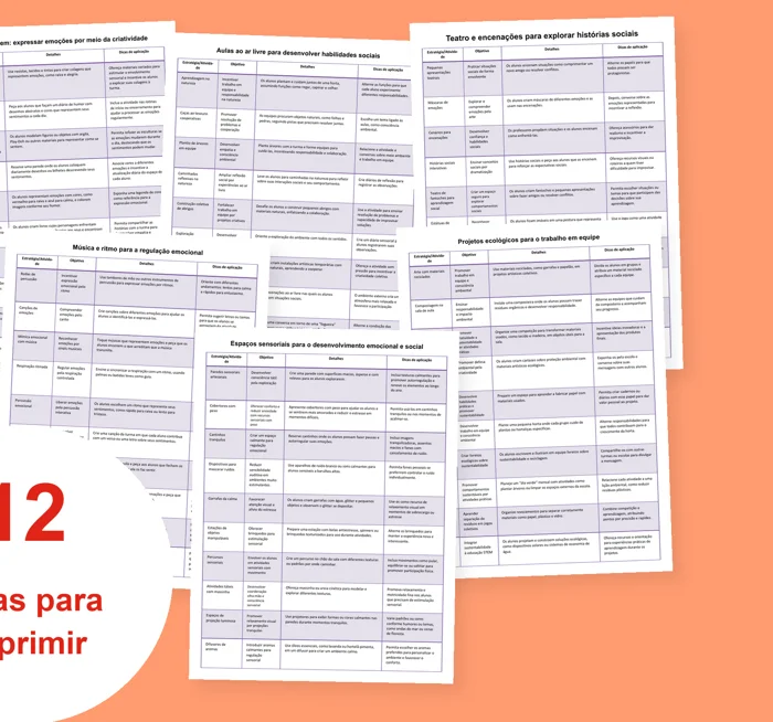 Prévia das tabelas imprimíveis de habilidades sociais e regulação emocional