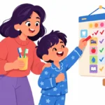 Illustration of a six year old boy checking off a habit on a colorful weekly chart at home