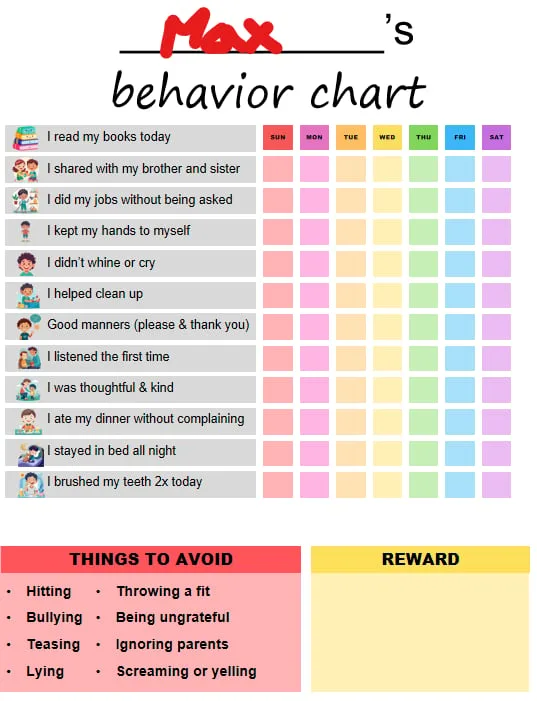 Weekly behavior chart for kids editable reward chart cover