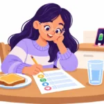 Illustration of a high school student filling in a daily energy tracker at a kitchen table in the morning