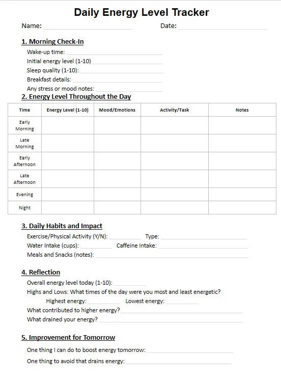 Preview of the daily energy level tracker with morning check-in, time-of-day table, habits, and reflection