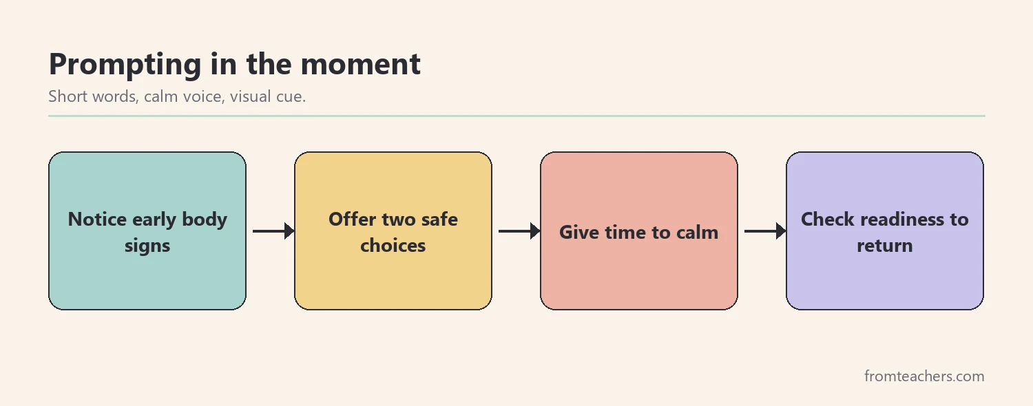 Flow of an adult prompt: notice signs, offer two choices, give time, check in
