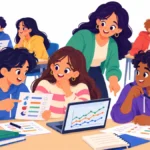Illustration of high school students in a health class comparing personal energy tracking sheets in small groups