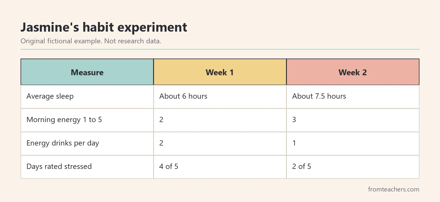 Data table of a fictional student two-week sleep habit experiment