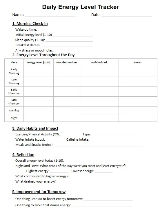 Preview of the daily energy level tracker with morning check-in, energy through the day table, habits and reflection