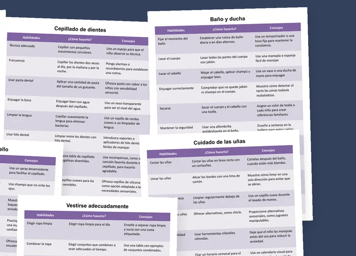 Vista previa de las tablas imprimibles de higiene personal en educación especial