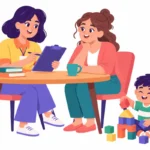 Therapist completing a home ecological assessment with a parent at the kitchen table