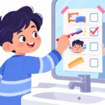 Illustration for home routine checklist: a little boy checking off a picture box on a morning routine chart taped to the bathroom mirror