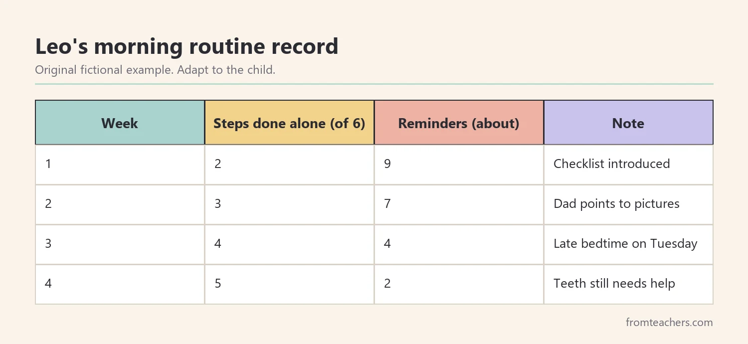 Table of four weeks of fictional data showing steps completed alone and reminders given during a morning routine