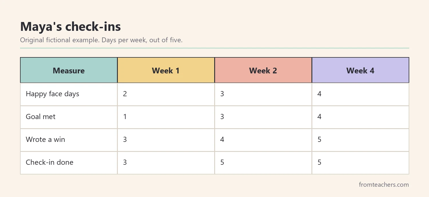 Data table of a fictional ten-year-old's homeschool check-ins over four weeks