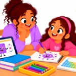 Illustration of a mother and daughter at a kitchen table drawing element characters in a notebook