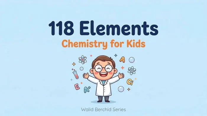 118 Elements chemistry for kids cover with cartoon element characters