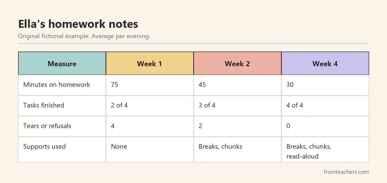 Data table of a fictional third grader's homework time and completion with different supports over four weeks