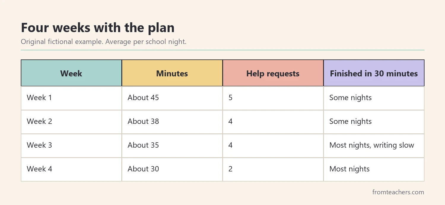 Table of a fictional student's homework time, help requests, and completion over four weeks with accommodations