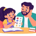 Illustration for homework routine for kids: a girl at a kitchen table checking off a picture card next to her open notebook while her dad smiles