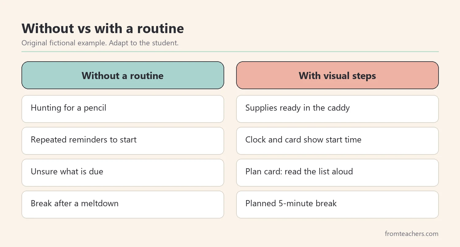 Comparison of a typical afternoon without a routine and the same afternoon with a visual homework routine