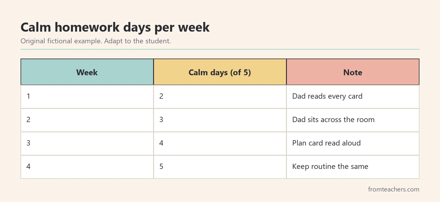 Table of four weeks of fictional data showing calm homework days out of five