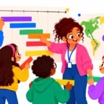 Illustration of grade 7 students arranging overlapping species timeline bars on a classroom wall
