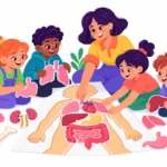 Illustration for human body organs for kids: children placing paper organ cutouts on a life-size body outline on the classroom floor while a teacher guides them