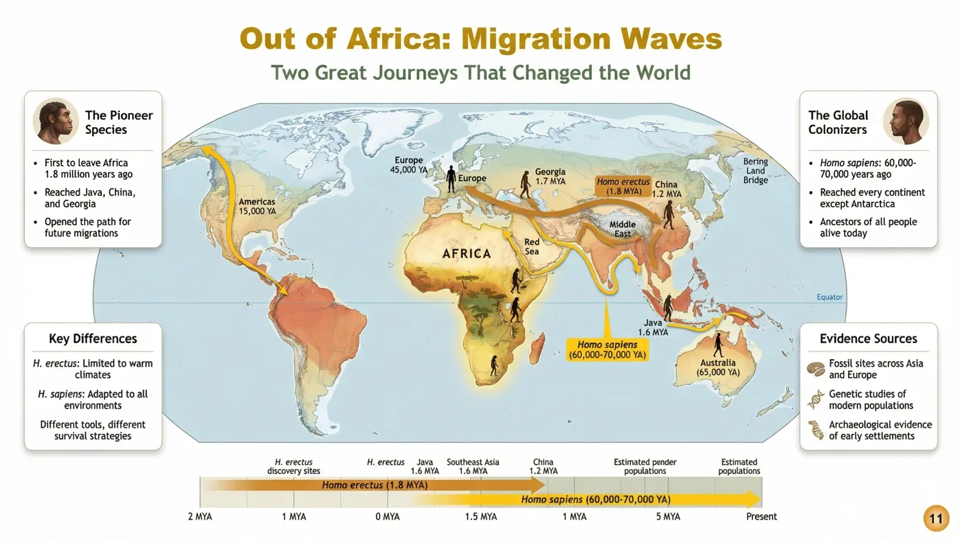 Preview page from the human evolution guide with an Out of Africa migration map