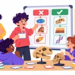 Illustration of grade 7 students sorting true and false cards about human evolution on a whiteboard